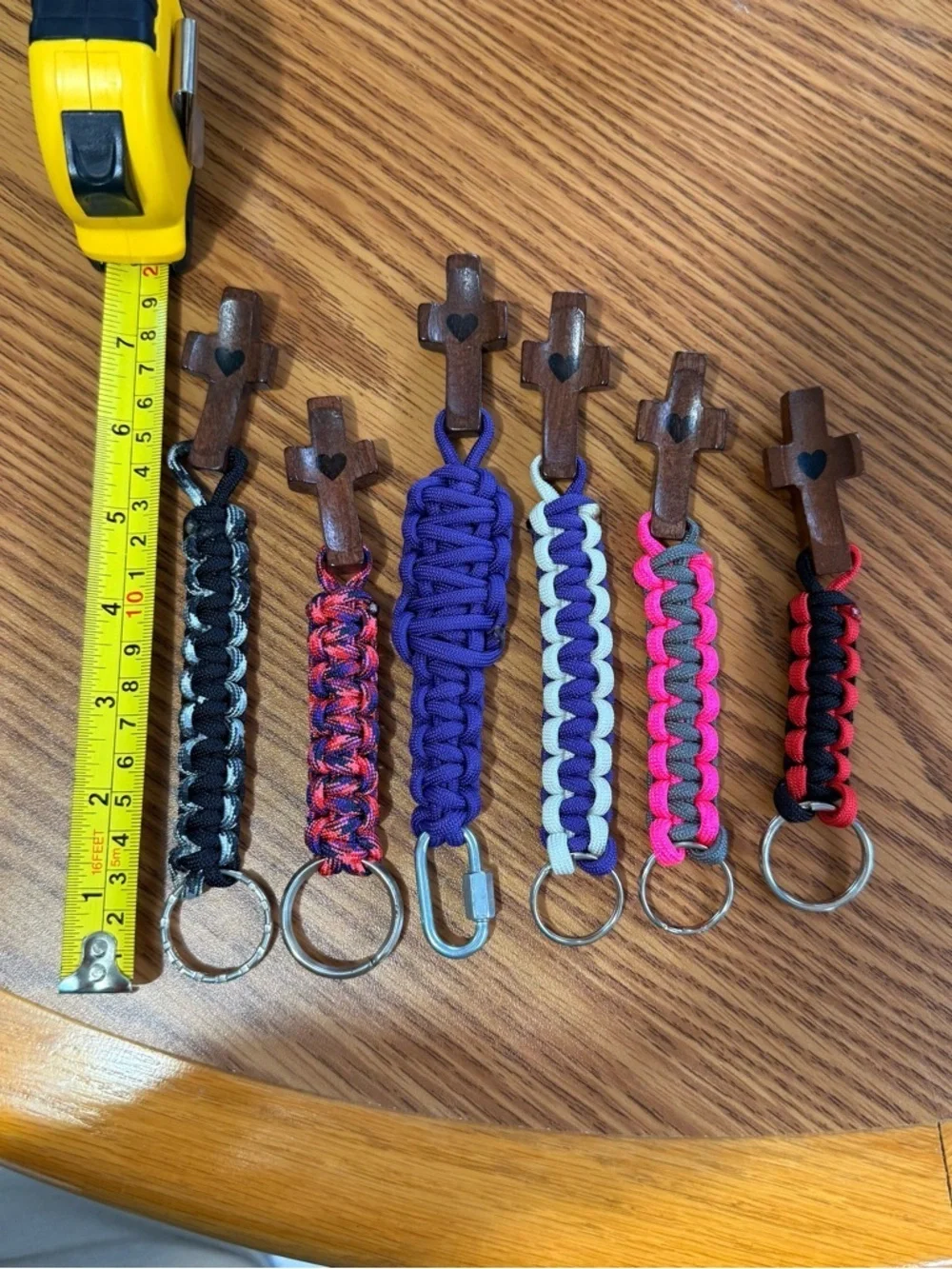 Wooden Worry Cross with Heart Inlay Paracord Keychains - Assorted Colors